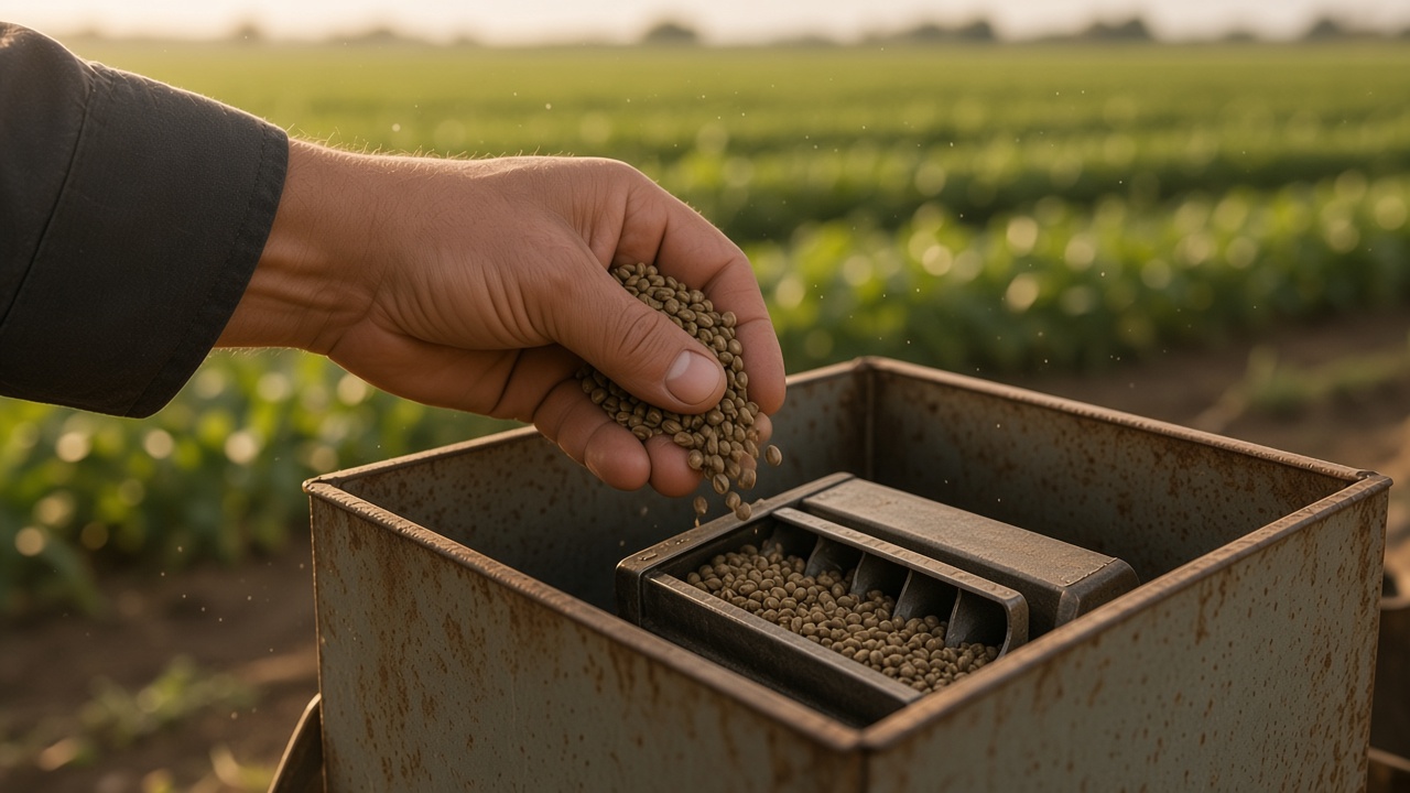 A hand letting hemp seed fall into the meter of a grain drill