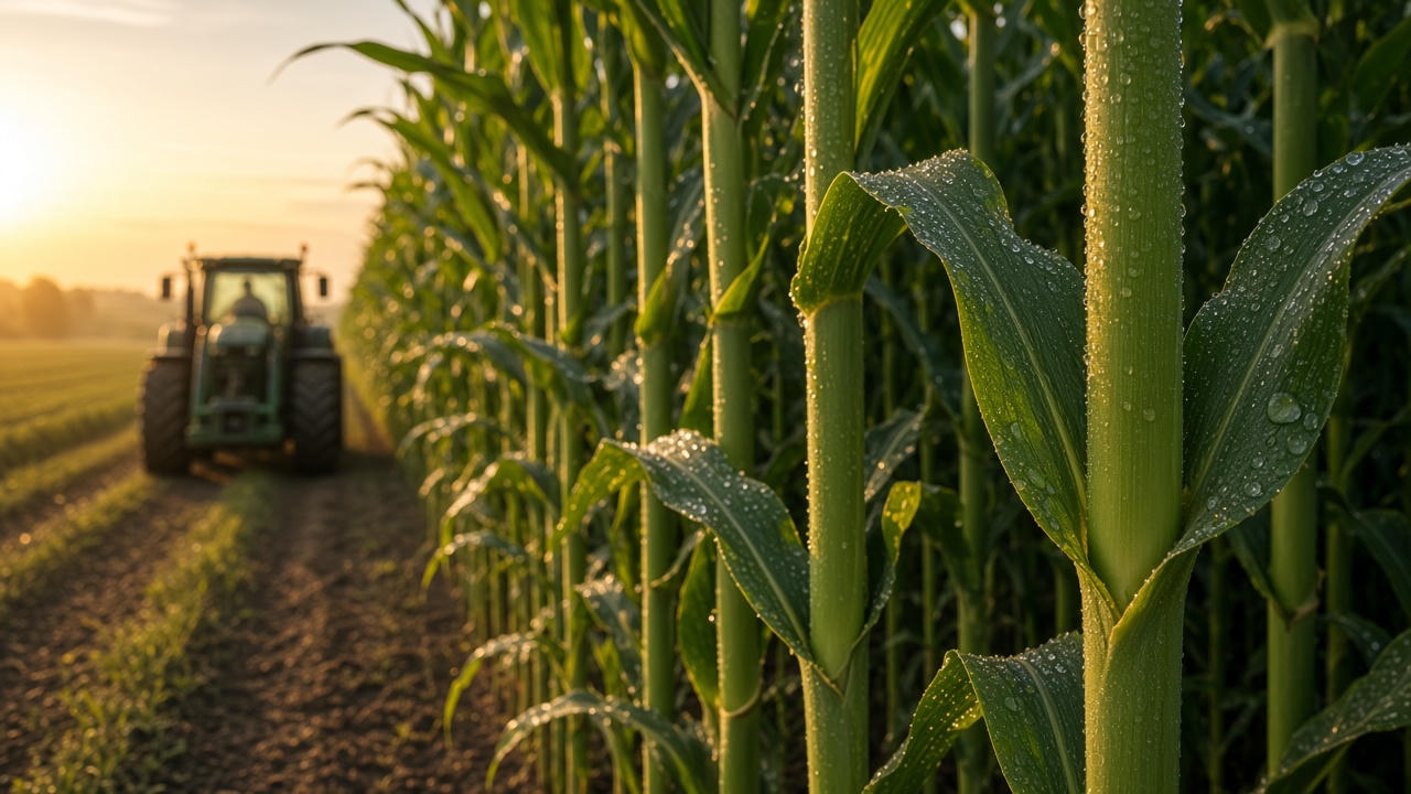 Morning dew on tall crop stalks, with a tractor down the row