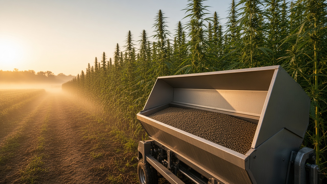 A seed hopper full of hemp seed parked beside a dense stand of tall fiber stalks at sunrise