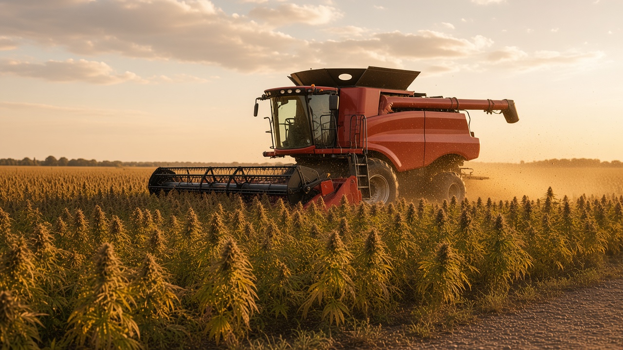 A red combine harvesting a hemp grain field of open seed heads in dusty golden light