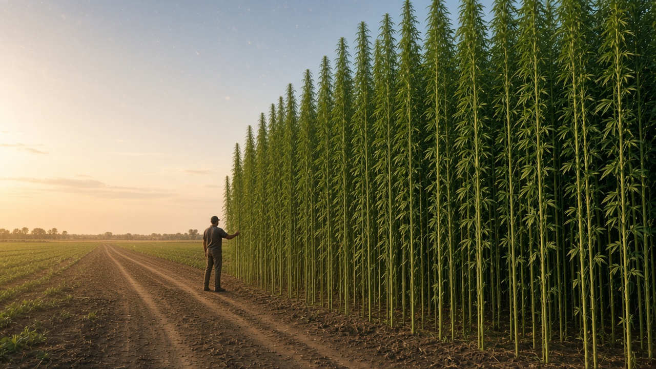 A farmer standing beside a dense wall of tall, slender hemp fiber stalks at sunrise