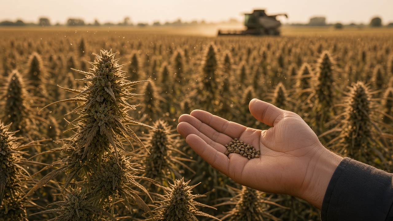 An open hand holding hemp seed in front of ripe grain heads, with a combine in the distance