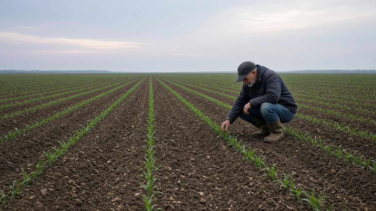 A farmer crouching beside a newly emerged stand of small plants
