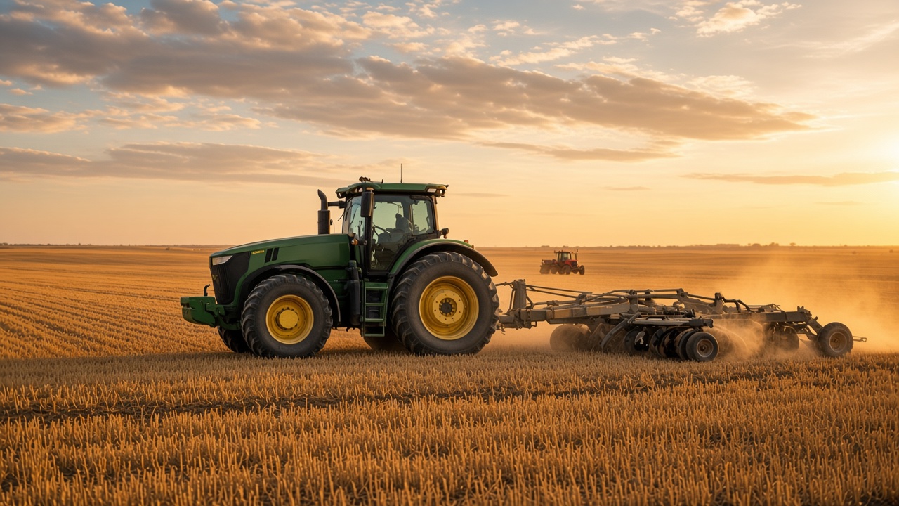 A tractor pulling a disc through short wheat stubble at sunset