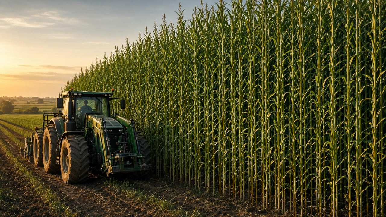 A large row-crop tractor beside a wall of tall fiber stalks at golden hour