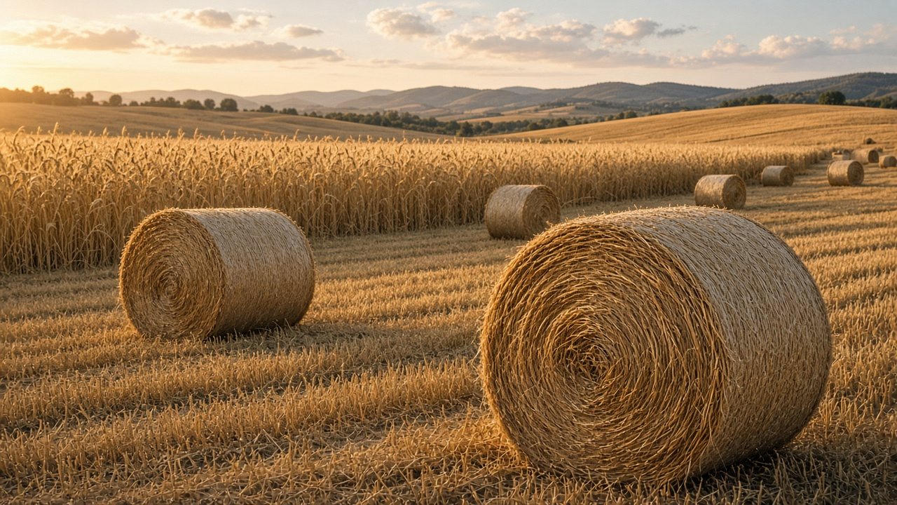 Round bales in a cut field, with a standing grain crop behind them