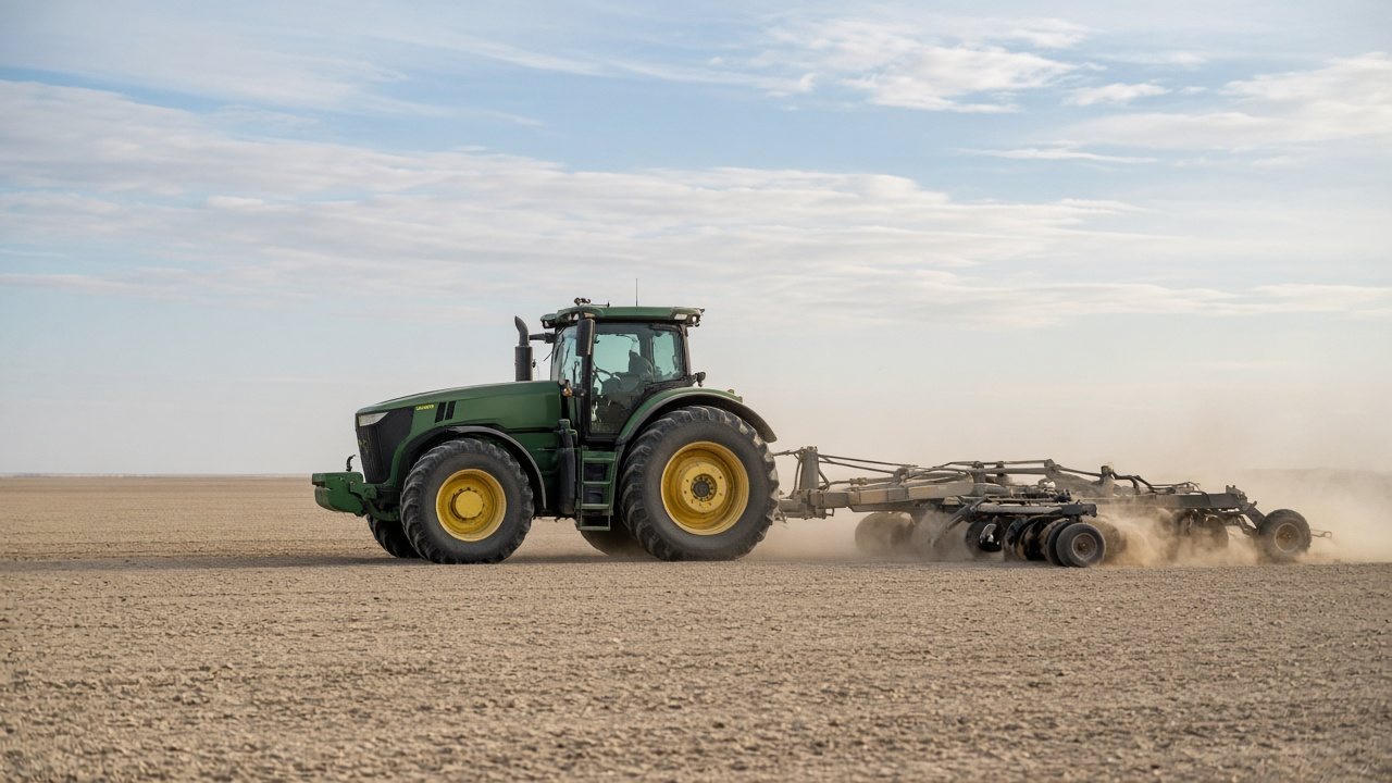 A large tractor pulling a disc across open ground