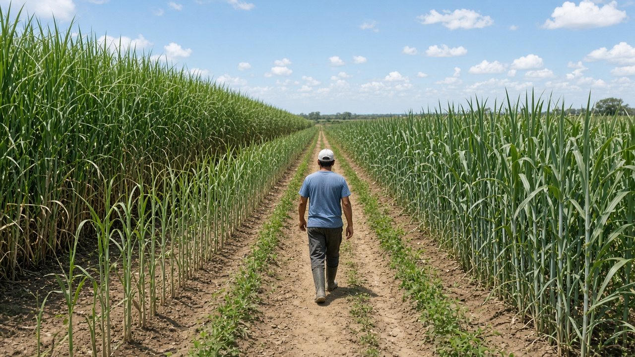 A worker walking between two strips of tall stalks at different heights