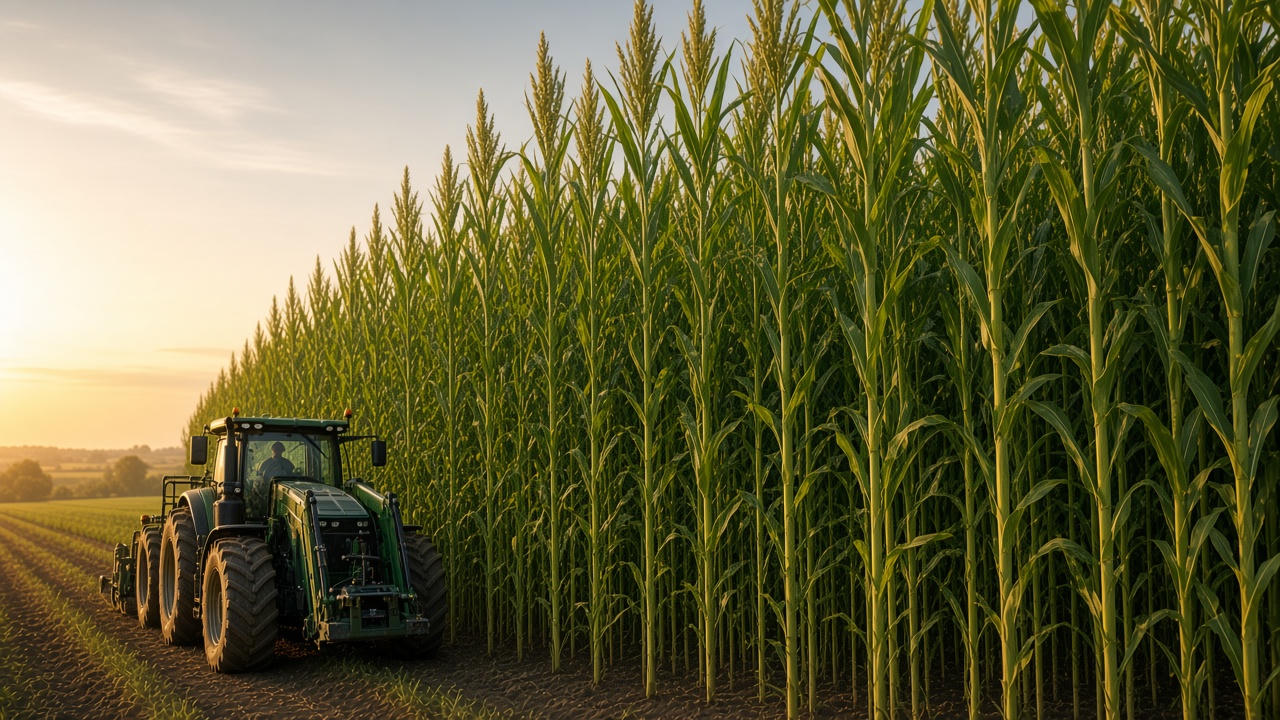 Tall stalks topped with grain, a large tractor small beside the stand