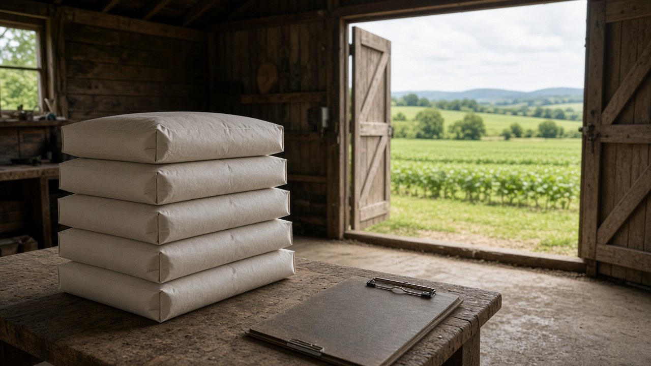 Plain seed sacks and a closed clipboard in a shed opening onto a field