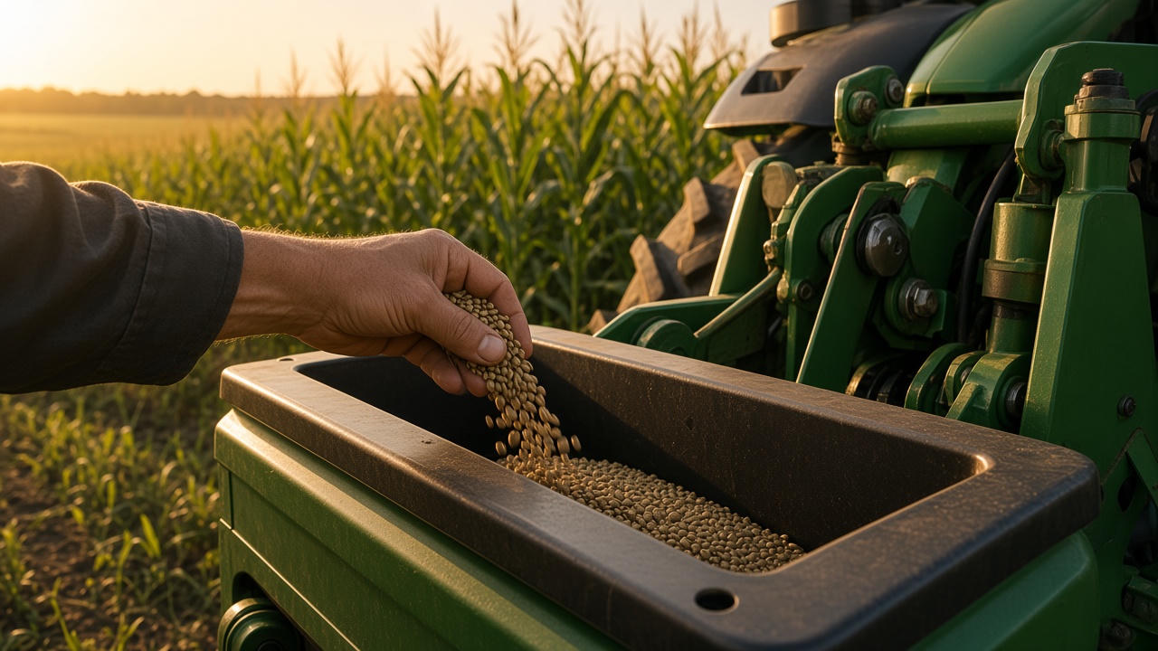 Seed pouring into a planter hopper, with a tall crop behind