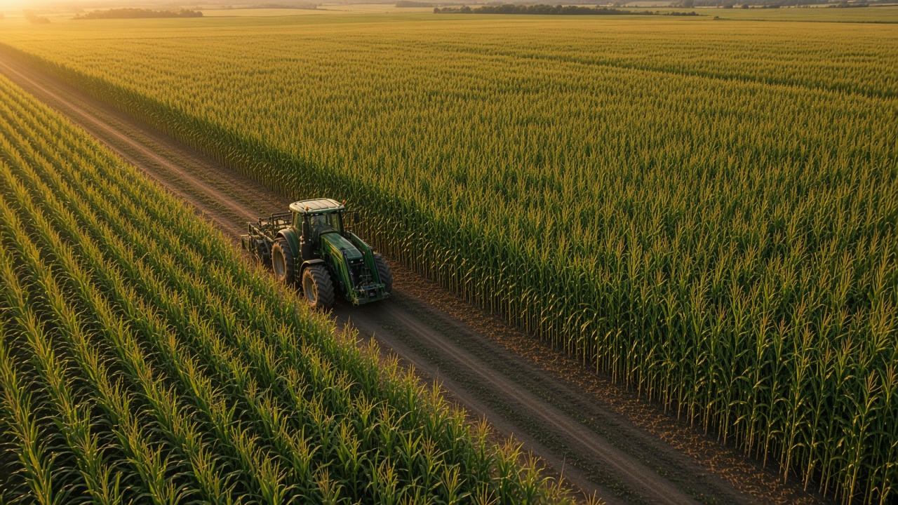 A large tractor in a vast field of tall stalks at morning