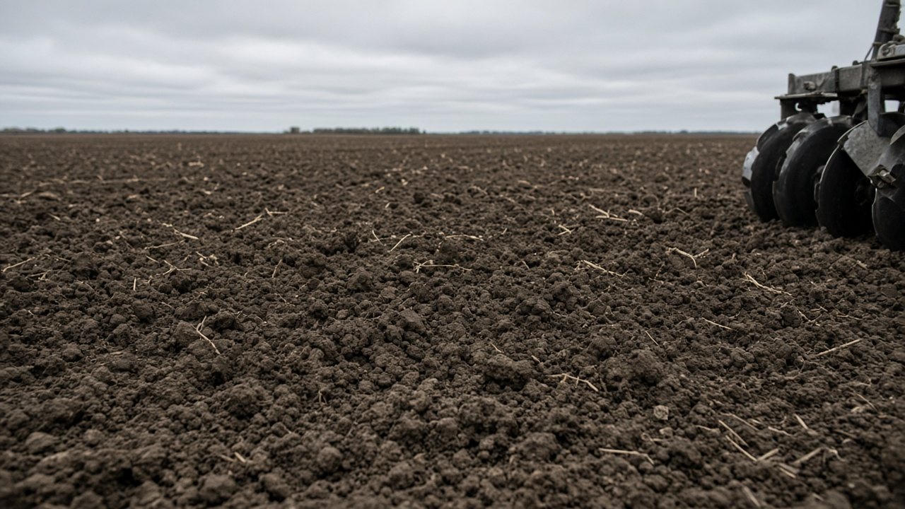 Dark worked soil in a seedbed, with a disc at the edge of the frame