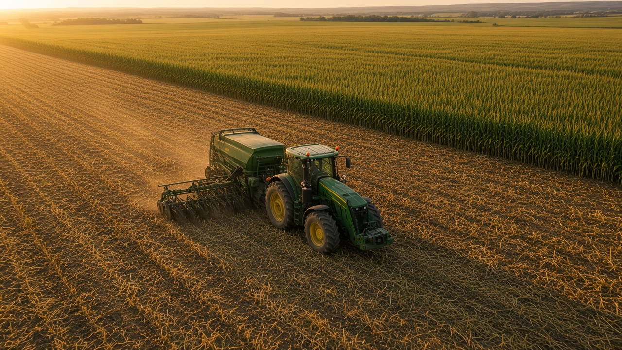 A tractor pulling a no-till drill through crop residue beside a standing cornfield