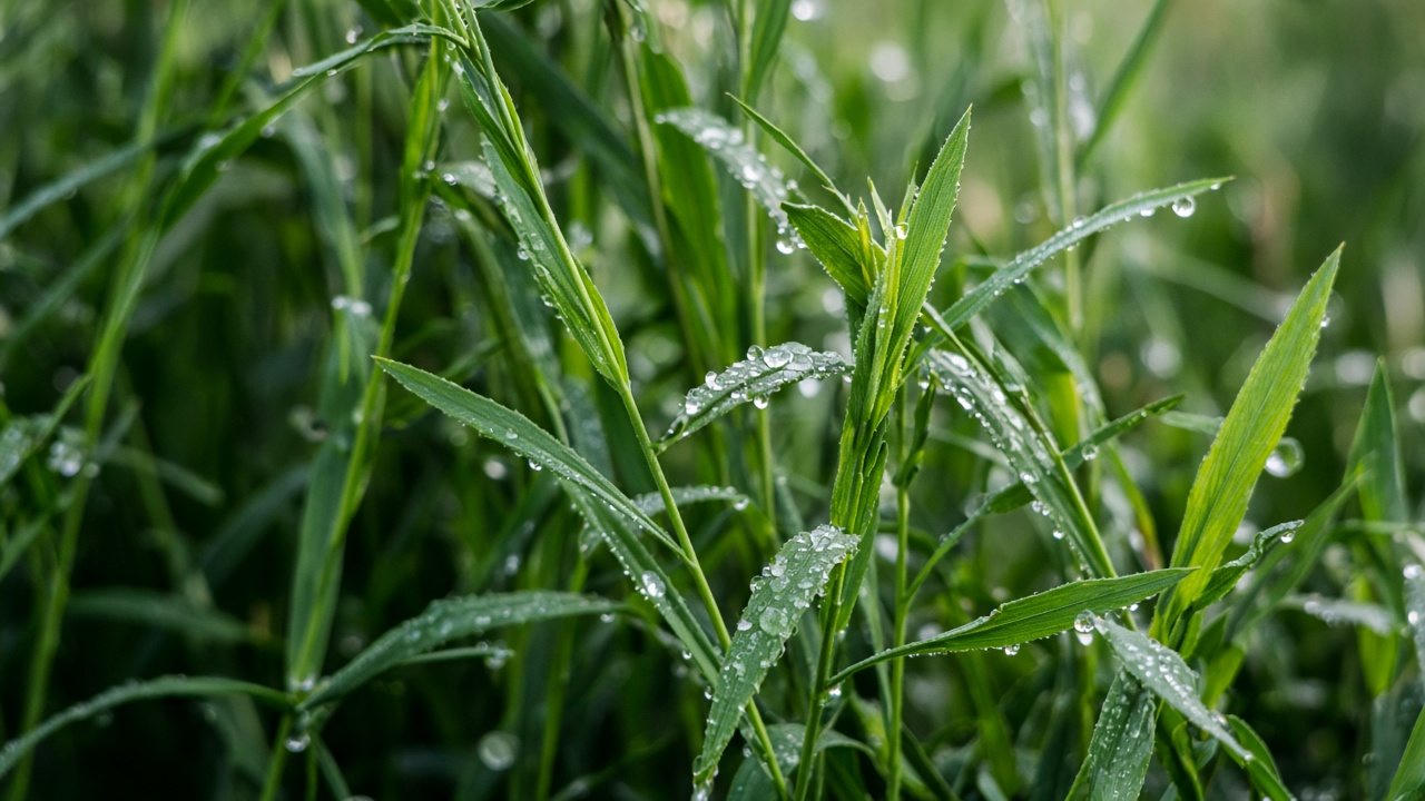 A close view of slender green stalks beaded with water