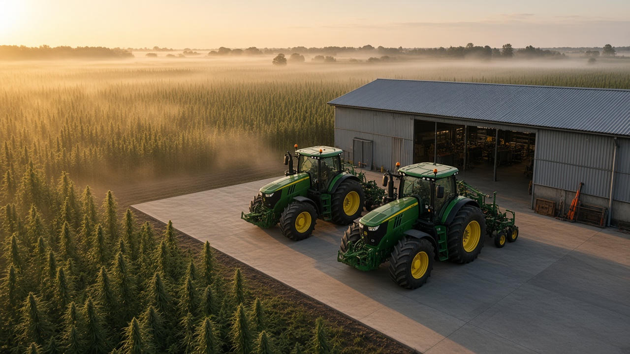 Two large tractors parked by a farm shed at dawn, with a tall crop field beyond