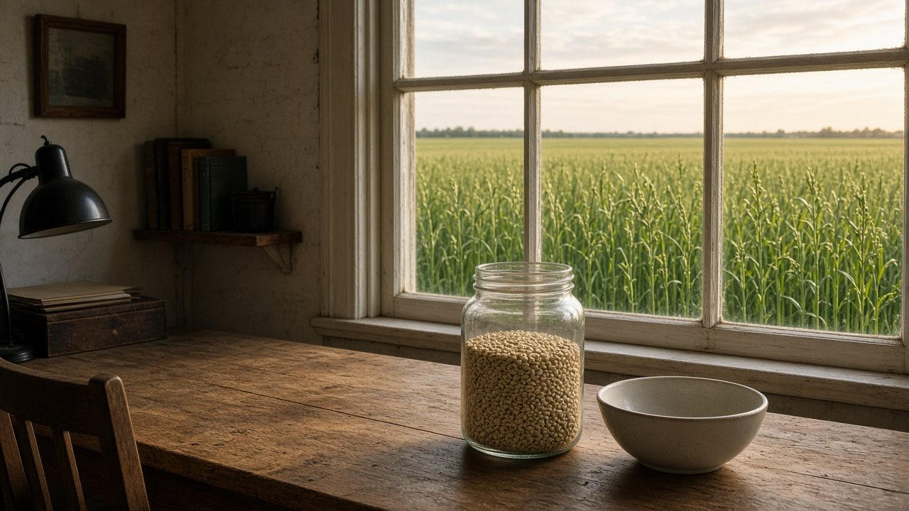 A jar of seed on a wooden farm table, with a green field through the window