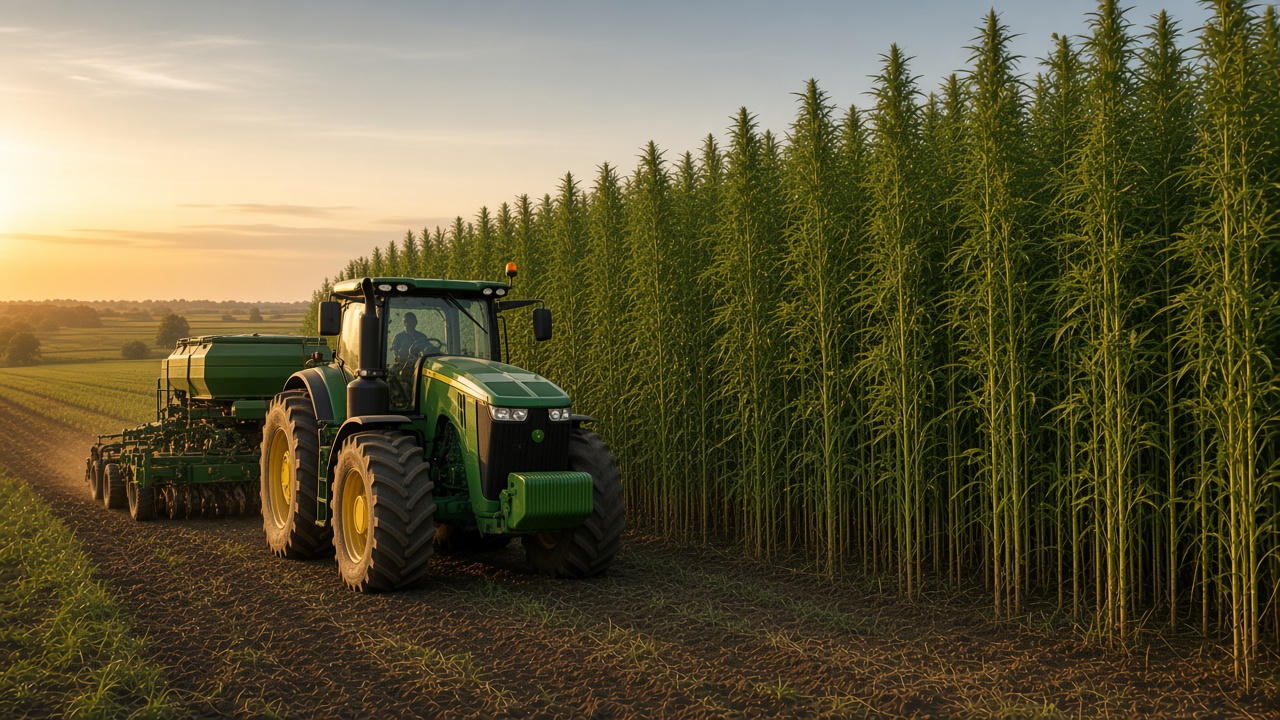A large planter tractor working beside a tall fiber field at sunrise