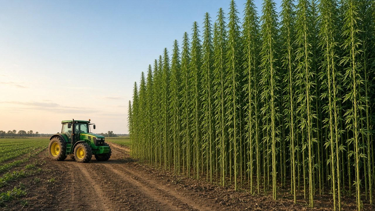 A tractor beside a dense stand of tall industrial hemp fiber stalks