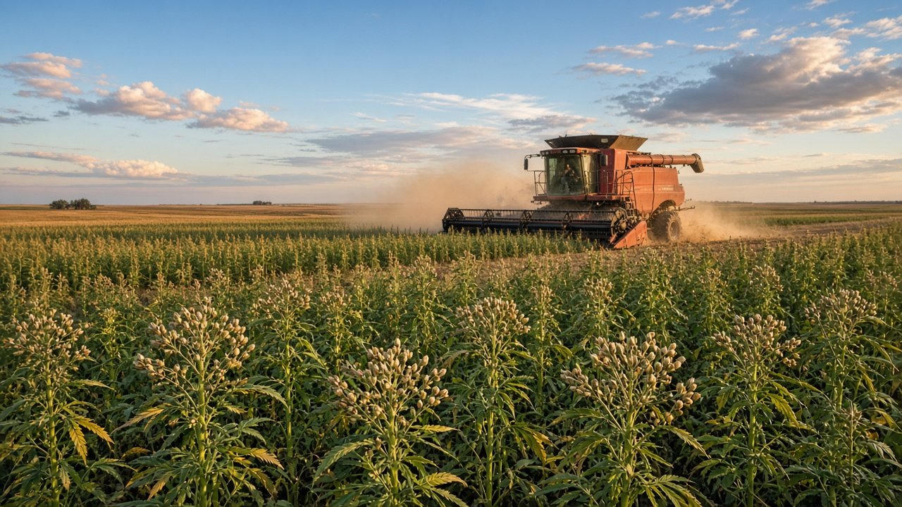 A combine working a hemp grain field of open seed heads
